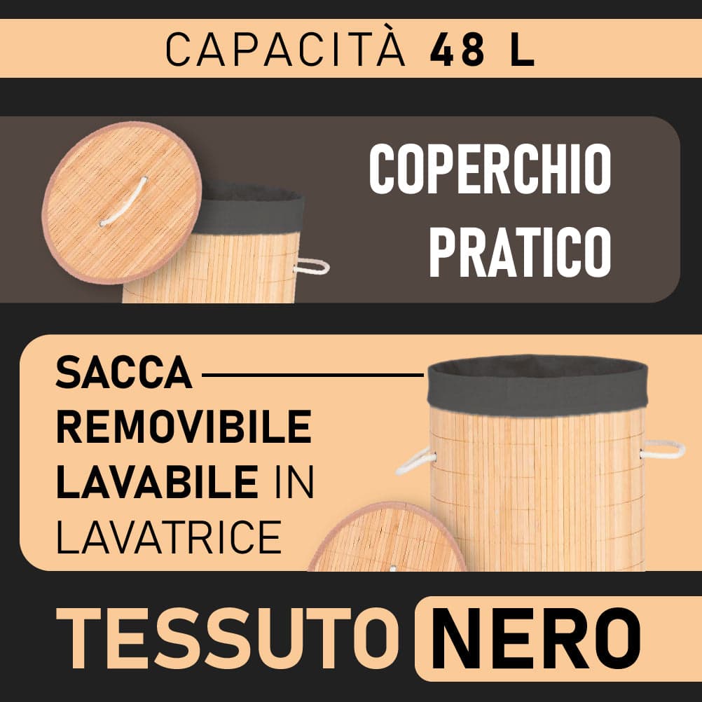 Cesta Porta Biancheria in Bambù con Coperchio e 2 Manici Capacità 48 L Colore Nero in Ceste per la biancheria Danyx - Casoria, commercioVirtuoso.it
