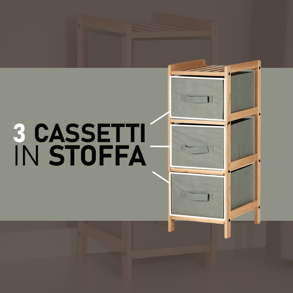 Mobile Cassettiera 3 Cassetti in Legno Naturale e Stoffa Colore Grigio H 70cm in Comò e cassettiere Danyx - Casoria, commercioVirtuoso.it