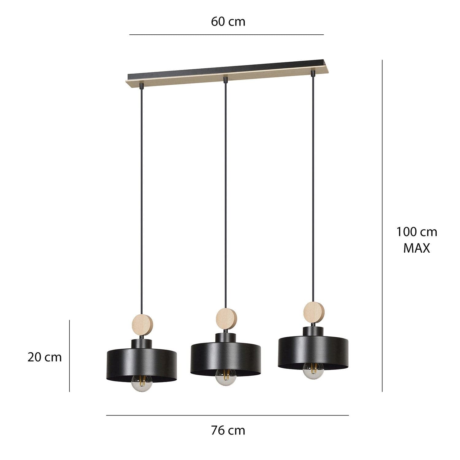 Lampadario 3 Luci Tuniso In Acciaio Nero E Paralumi Con Legno Naturale in Lampade a sospensione LuceArt - Montecorvino Pugliano, commercioVirtuoso.it
