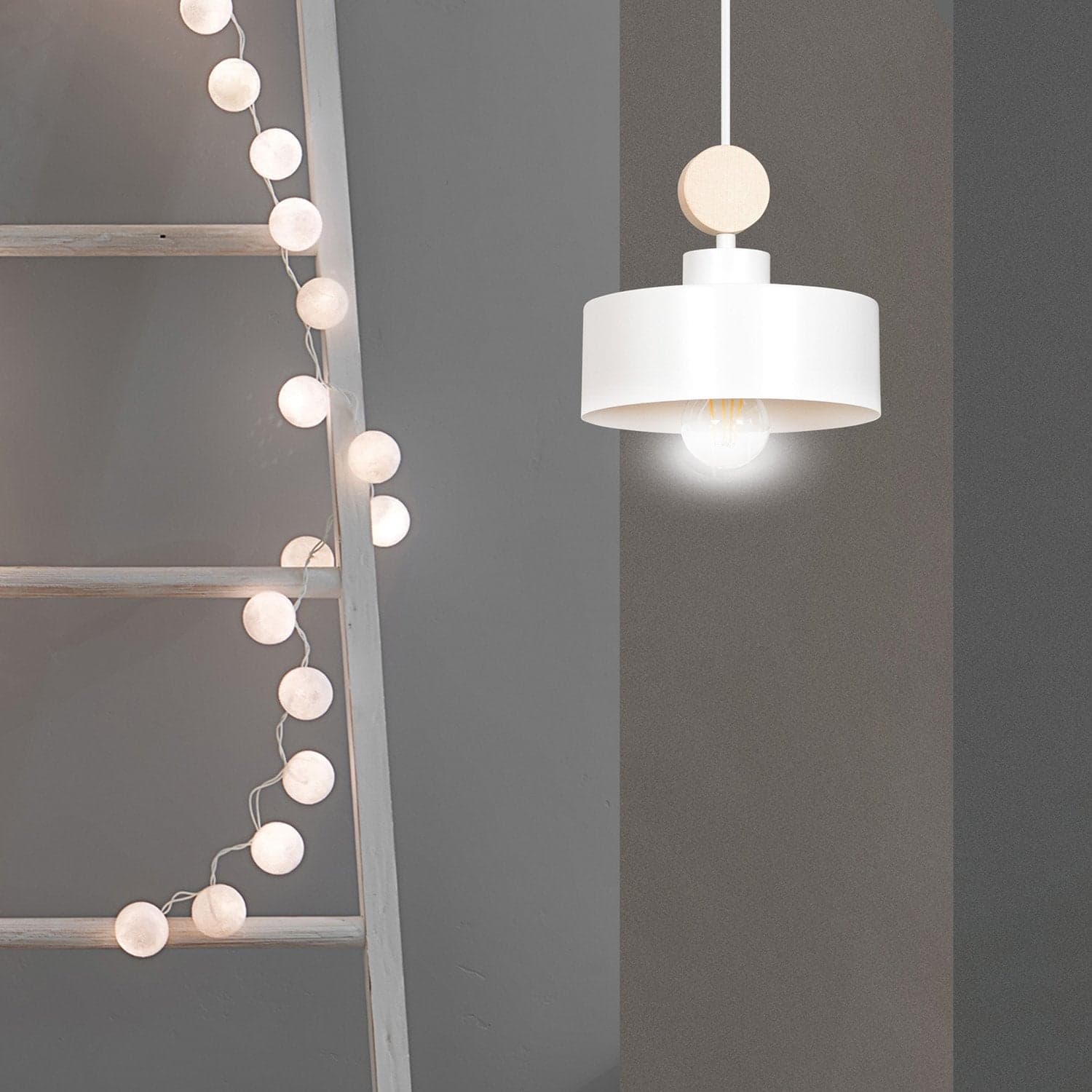 Sospensione 1 Luce Tuniso In Acciaio Bianco E Legno Naturale in Lampade a sospensione LuceArt - Montecorvino Pugliano, commercioVirtuoso.it