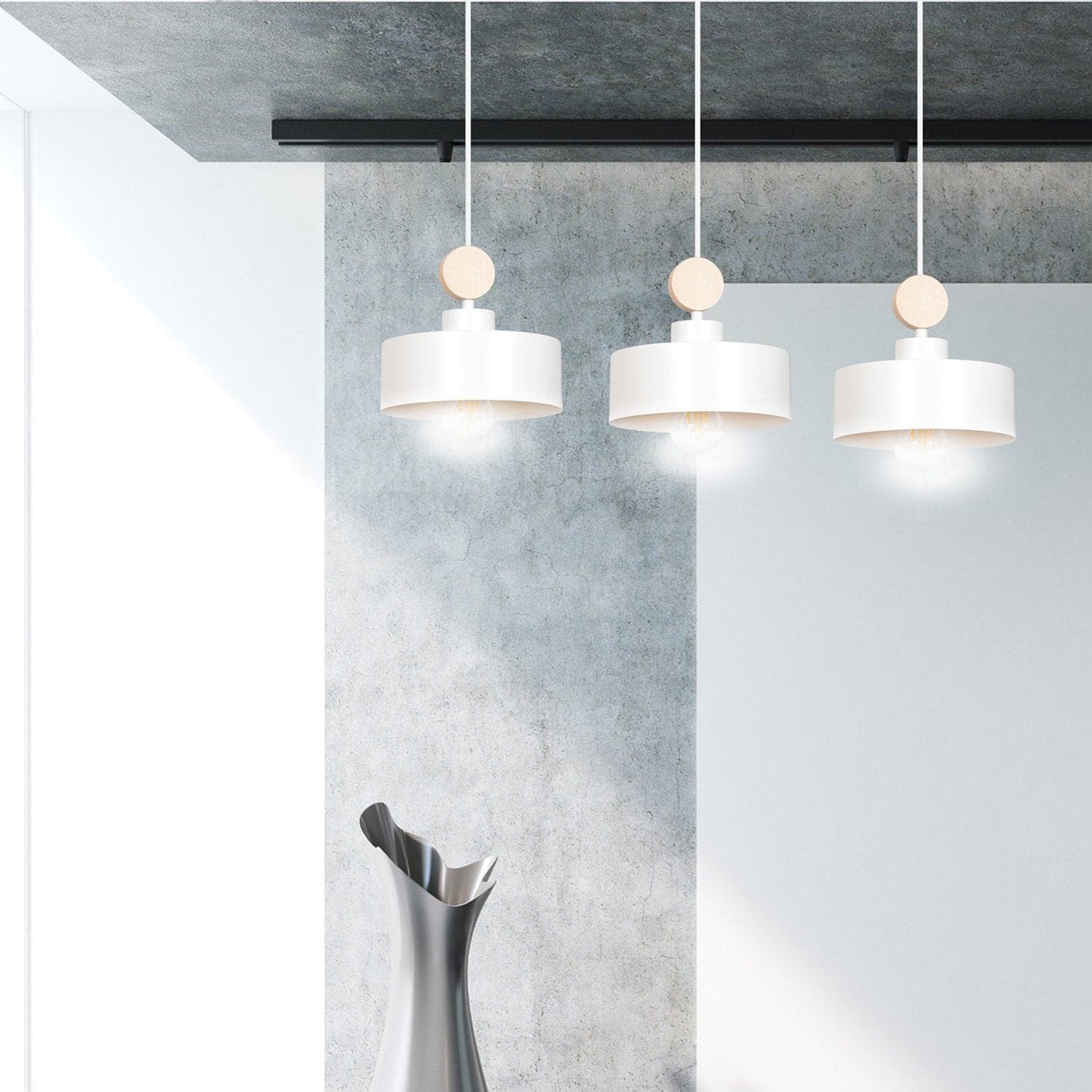 Lampadario 3 Luci Tuniso In Acciaio Bianco E Paralumi Con Legno Naturale in Lampadari LuceArt - Montecorvino Pugliano, commercioVirtuoso.it