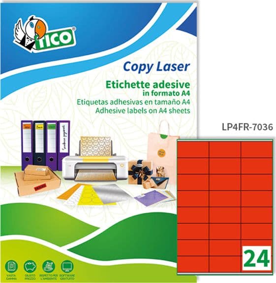 Etichetta adesiva LP4F rosso fluo 70fg A4 70x36mm (24et/fg Tico