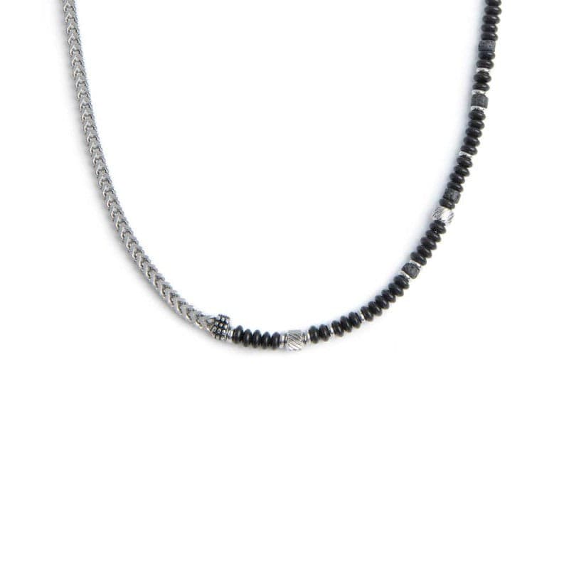 Marlù   Collana catena fish bone con dischetti di onice nera e pietra lavica