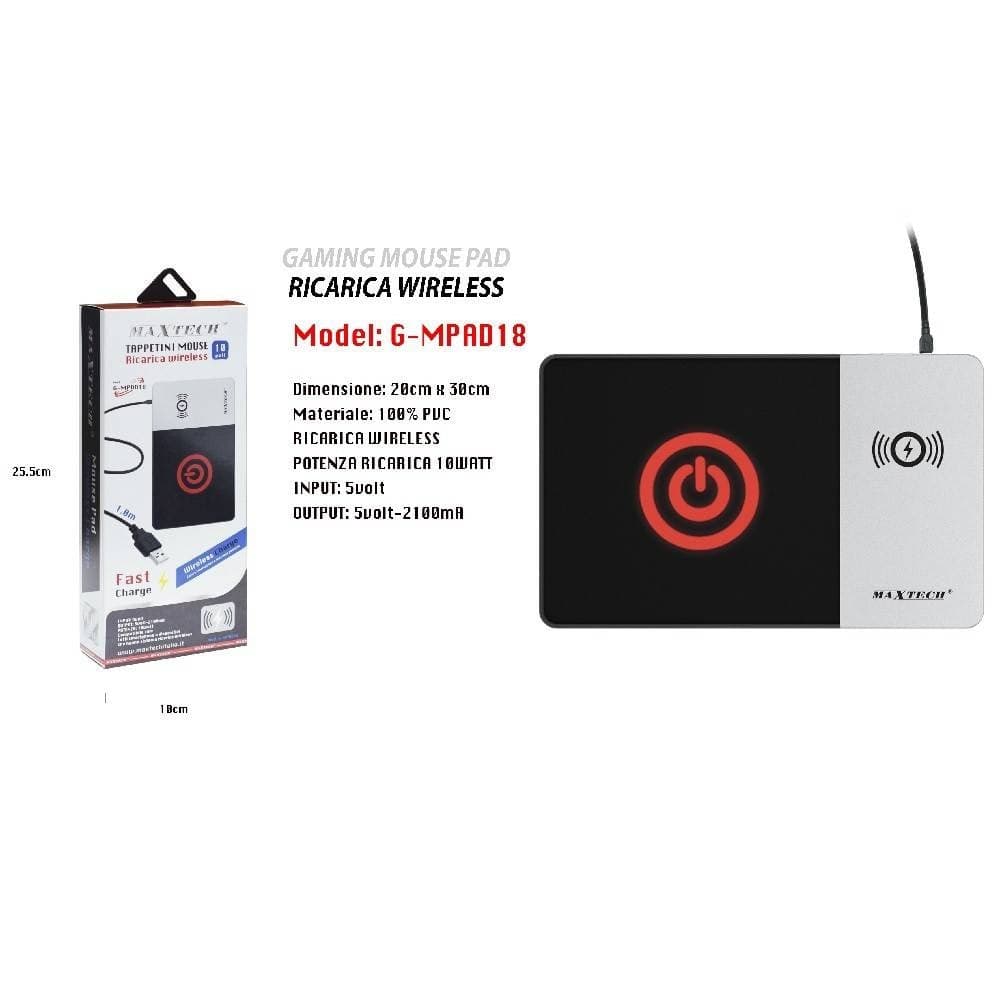 TAPPETINO MOUSE CON CARICABATTERIE WIRELESS 10W MOUSE PAD MAXTECH G-MPAD18 in prodotto Trade Shop italia - Napoli, commercioVirtuoso.it