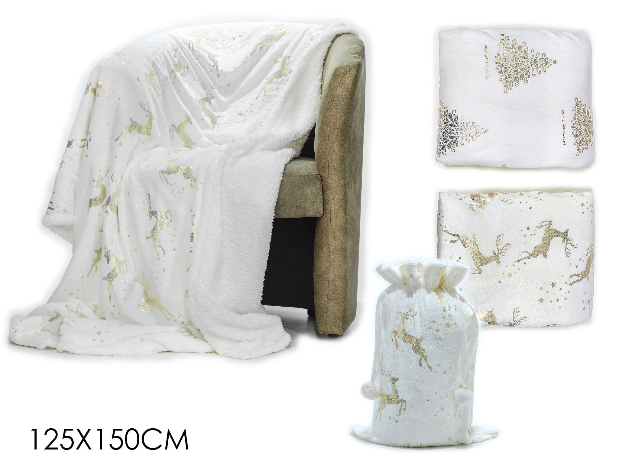 Plaid Bianco con Ricami Oro con Sacco in Plaid Save The Money - Rimini, commercioVirtuoso.it