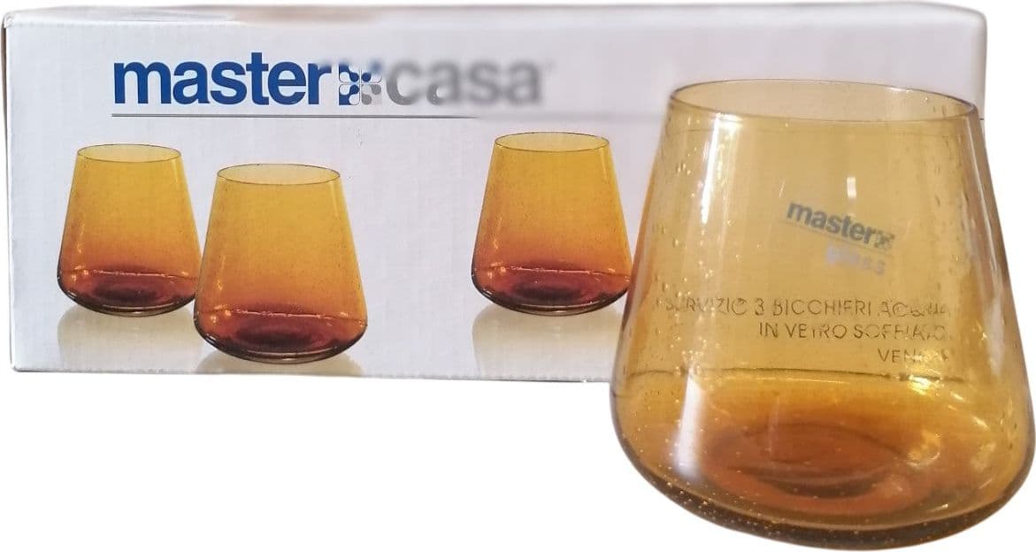 MASTER CASA - SET 3 BICCHIERI ACQUA VENERE IN VETRO SOFFIATO ARANCIO