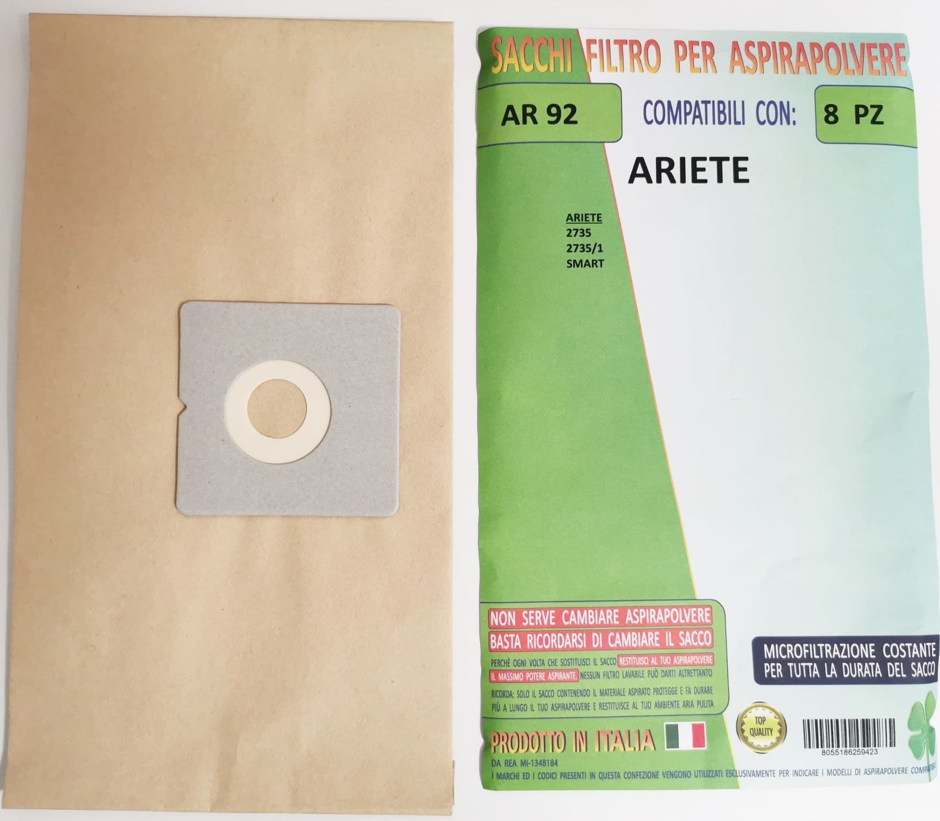 8 SACCHETTI SACCHI ASPIRAPOLVERE ARIETE SMART 2735 - 2735/1 IN CARTA AR 92 in prodotto EuroStore07 - Alatri, commercioVirtuoso.it