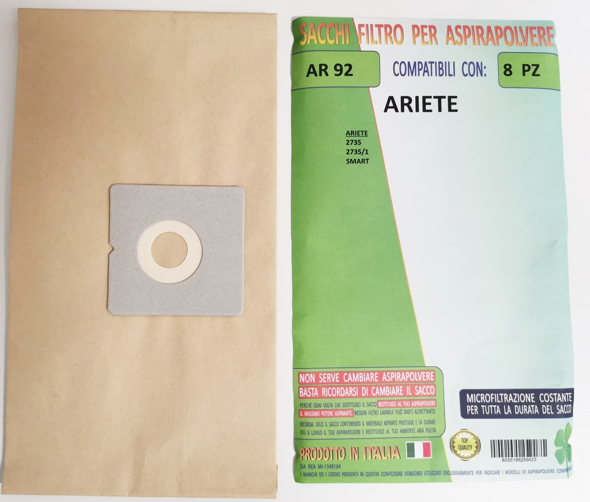 8 SACCHETTI SACCHI ASPIRAPOLVERE ARIETE SMART 2735 - 2735/1 IN CARTA AR 92 in prodotto EuroStore07 - Alatri, commercioVirtuoso.it