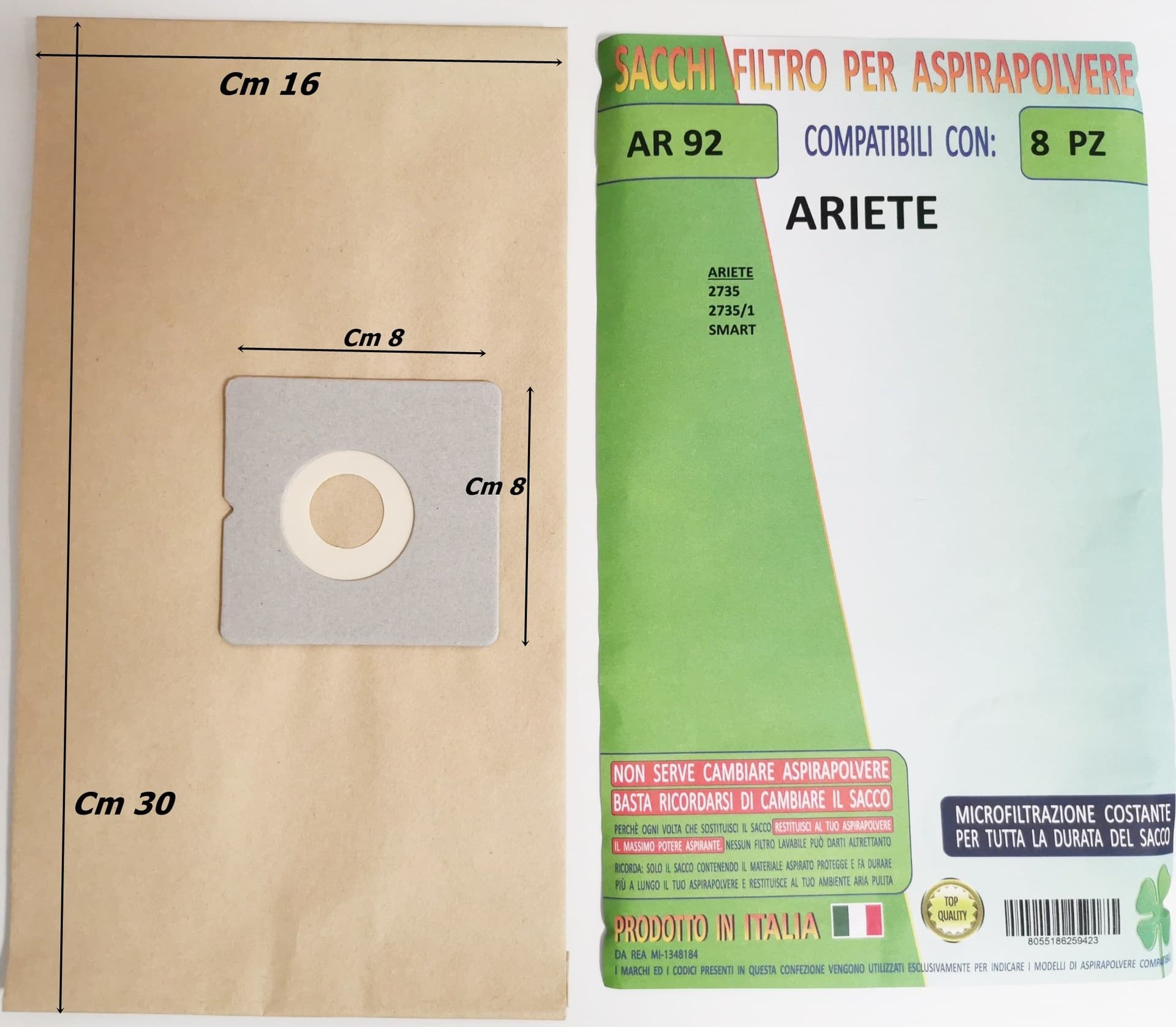 8 SACCHETTI SACCHI ASPIRAPOLVERE ARIETE SMART 2735 - 2735/1 IN CARTA AR 92 in prodotto EuroStore07 - Alatri, commercioVirtuoso.it