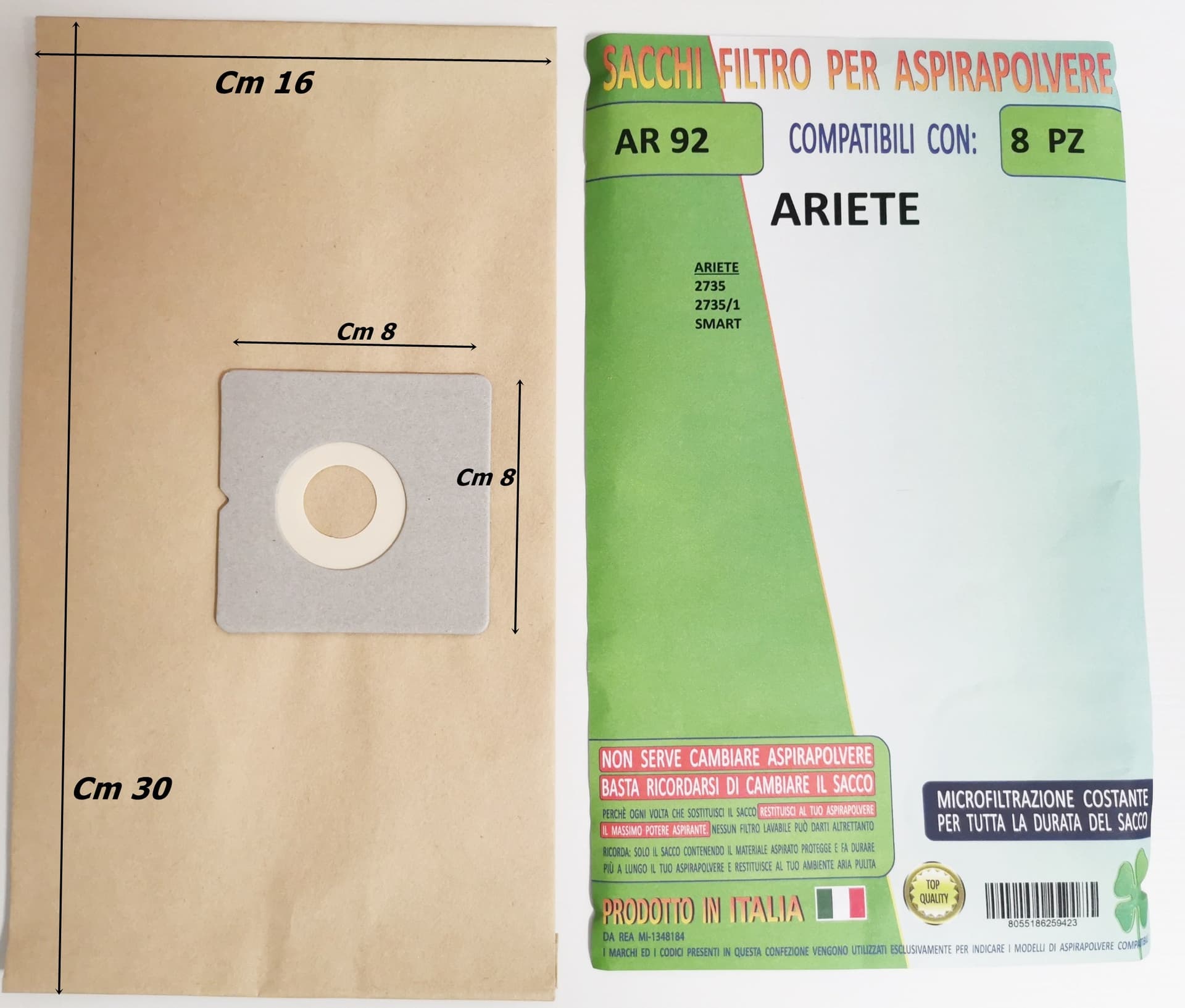 8 SACCHETTI SACCHI ASPIRAPOLVERE ARIETE SMART 2735 - 2735/1 IN CARTA AR 92 in prodotto EuroStore07 - Alatri, commercioVirtuoso.it