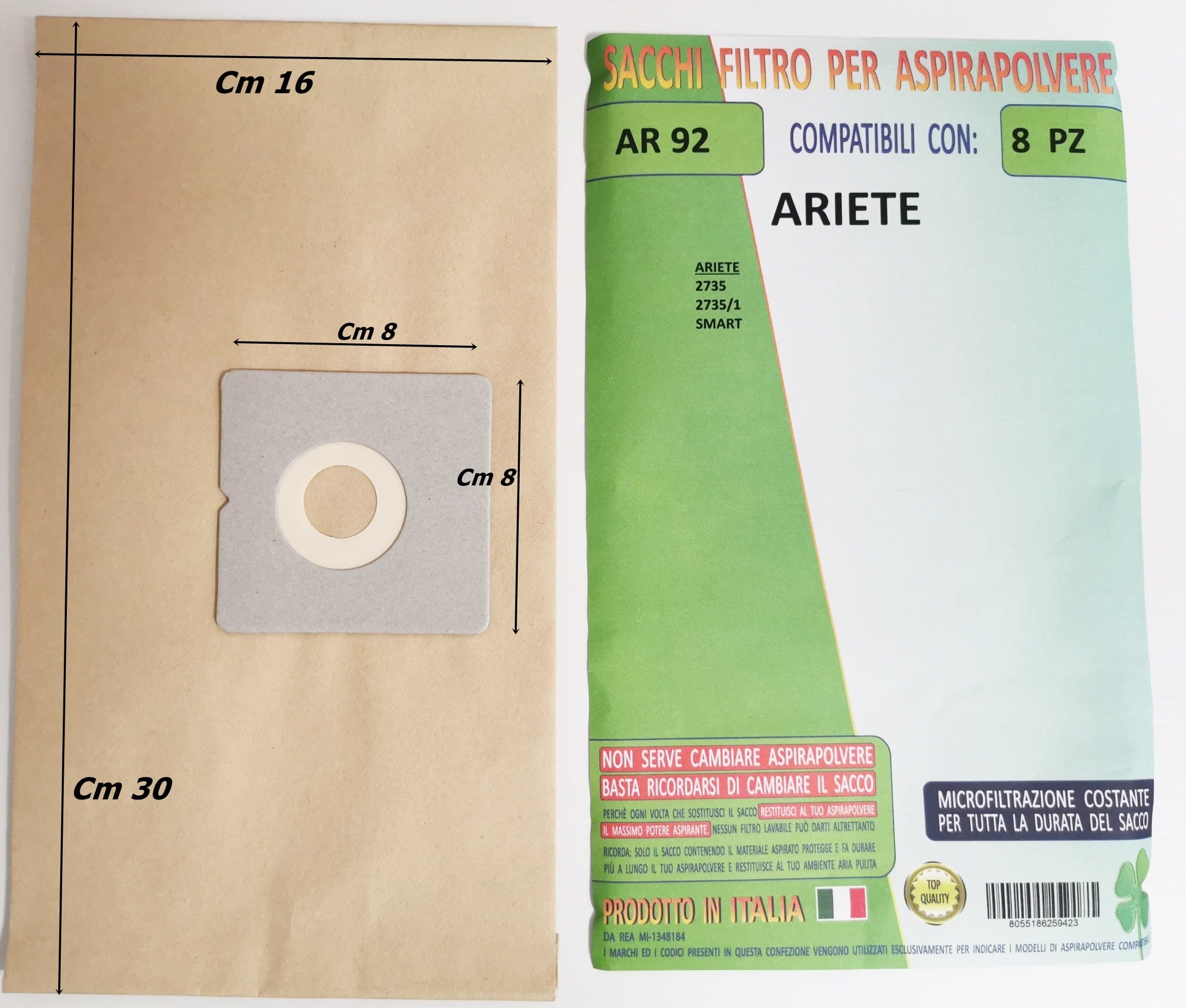 8 SACCHETTI SACCHI ASPIRAPOLVERE ARIETE SMART 2735 - 2735/1 IN CARTA AR 92 in prodotto EuroStore07 - Alatri, commercioVirtuoso.it