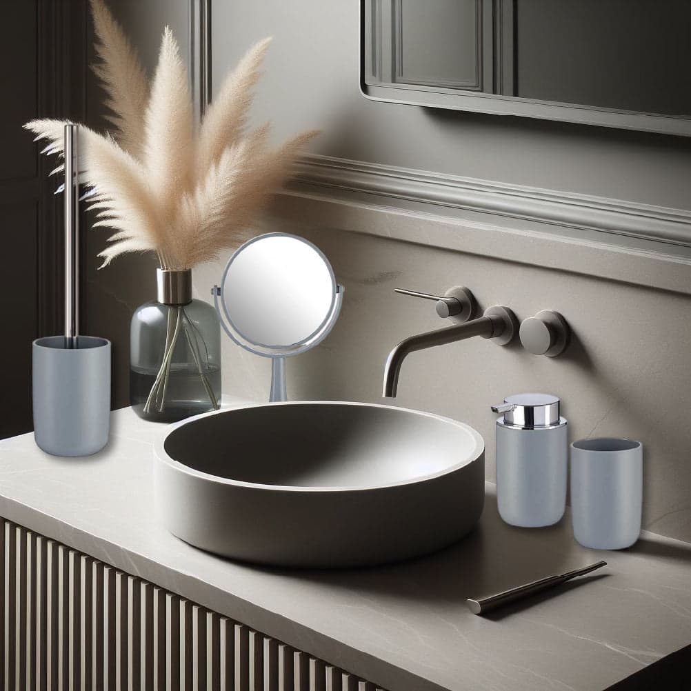 Accessori da Bagno 4pz Acciaio e Polipropilene Specchio PortaScopino Dosatore Bicchiere in Set di accessori per il bagno Danyx - Casoria, commercioVirtuoso.it