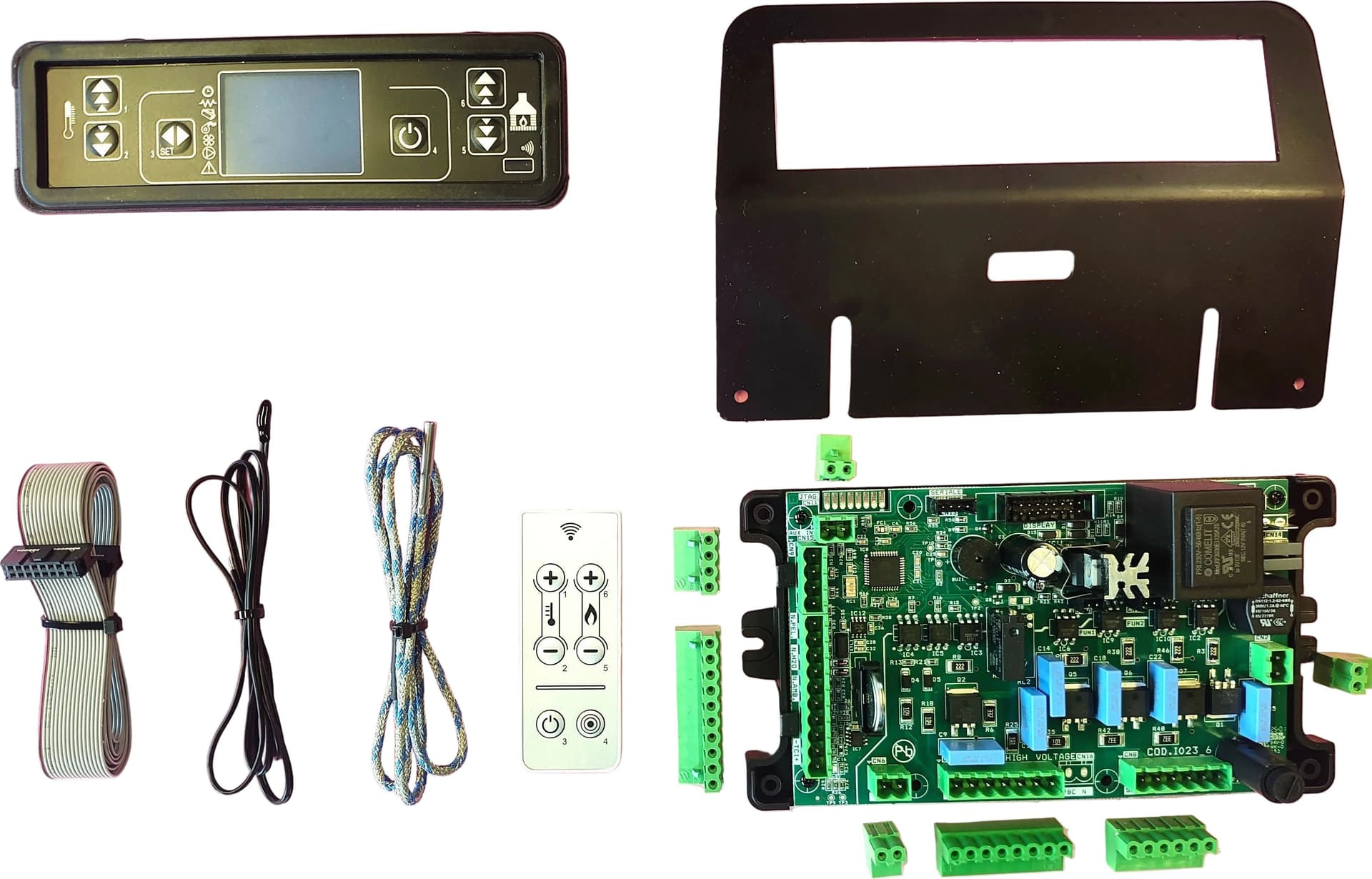 Kit professionale composto scheda I023_6-Dispaly Lcd 6 Tasti Touch-Cavo Flat-Sonda Ambiente-Sonda Fumi-Telecomando-Supporto Inclinato per Display