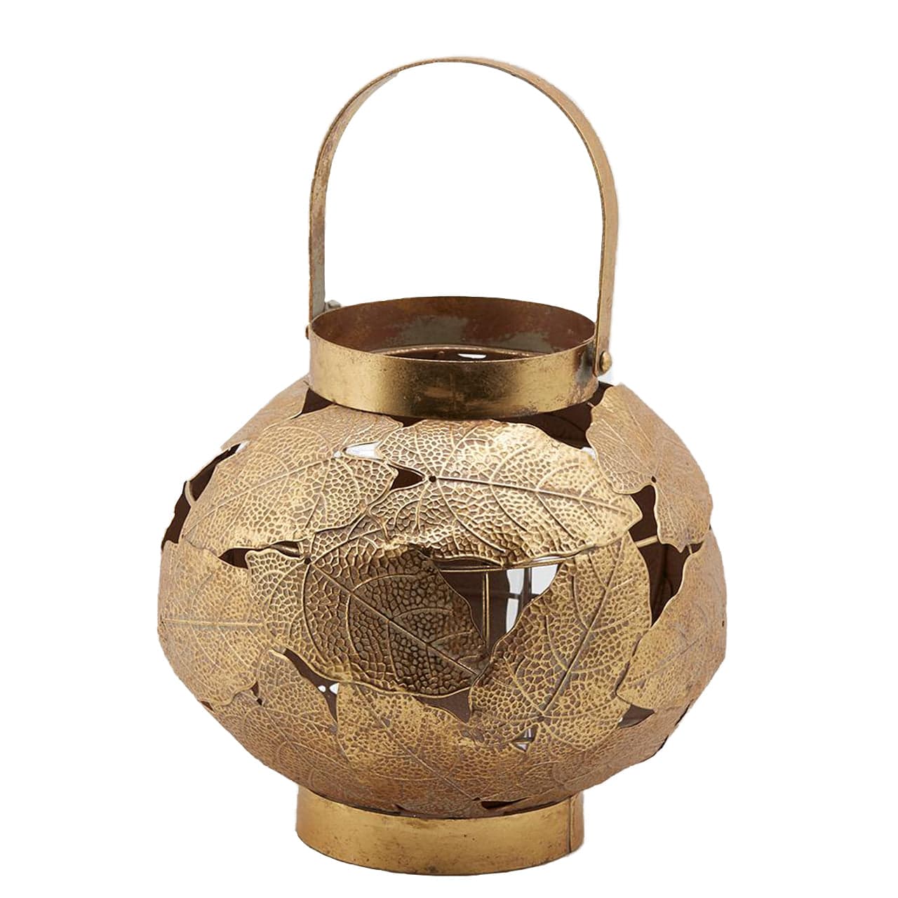 Lanterna decorativa in metallo foglie oro con manico vasetto in vetro - 7