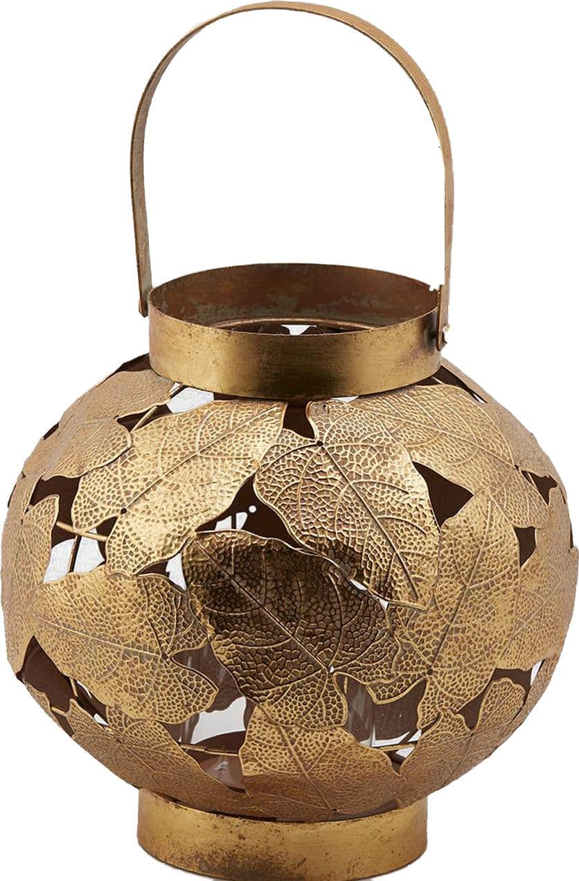 Lanterna decorativa in metallo foglie oro con manico vasetto in vetro – Edg Di Enzo De Gasperi