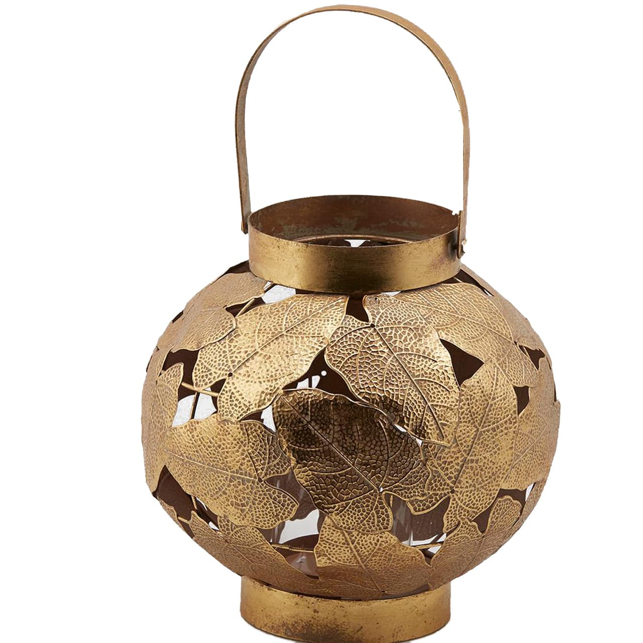 Lanterna decorativa in metallo foglie oro con manico vasetto in vetro - 12