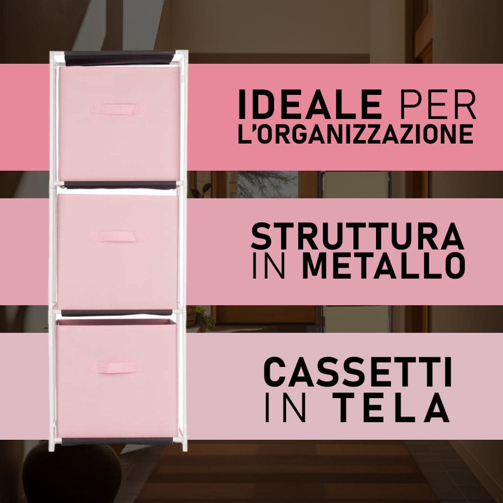 Cassettiera Multiuso in Metallo 3Cassetti in Stoffa 35x35 H 102cm Rosa Salvaspazio in Comò e cassettiere Danyx - Casoria, commercioVirtuoso.it
