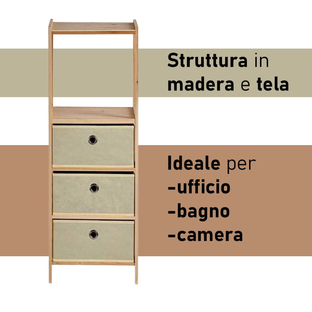 Mobile Scaffale 3 Cassetti Legno e Tela 32 x 26 H 89 cm Casa Bagno Cameretta in Comò e cassettiere Danyx - Casoria, commercioVirtuoso.it