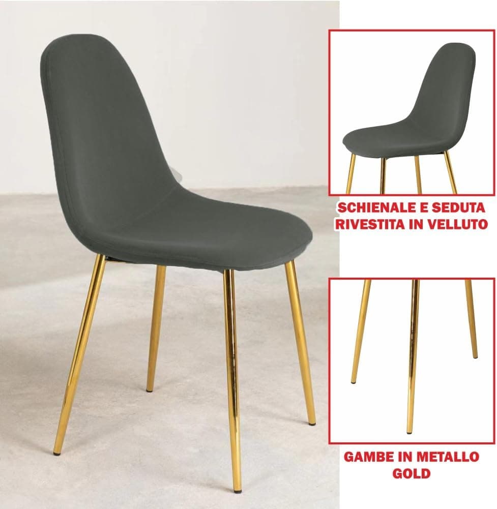 Sedia Poltrona in Velluto 4pz Sala da Pranzo Cucina Ristorante Gambe Metallo Oro Grigio in Sedie Danyx - Casoria, commercioVirtuoso.it