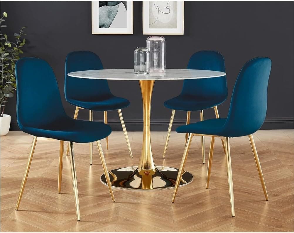 Sedia Poltrona in Velluto 4pz Sala da Pranzo Cucina Ristorante Gambe Metallo Oro Blu