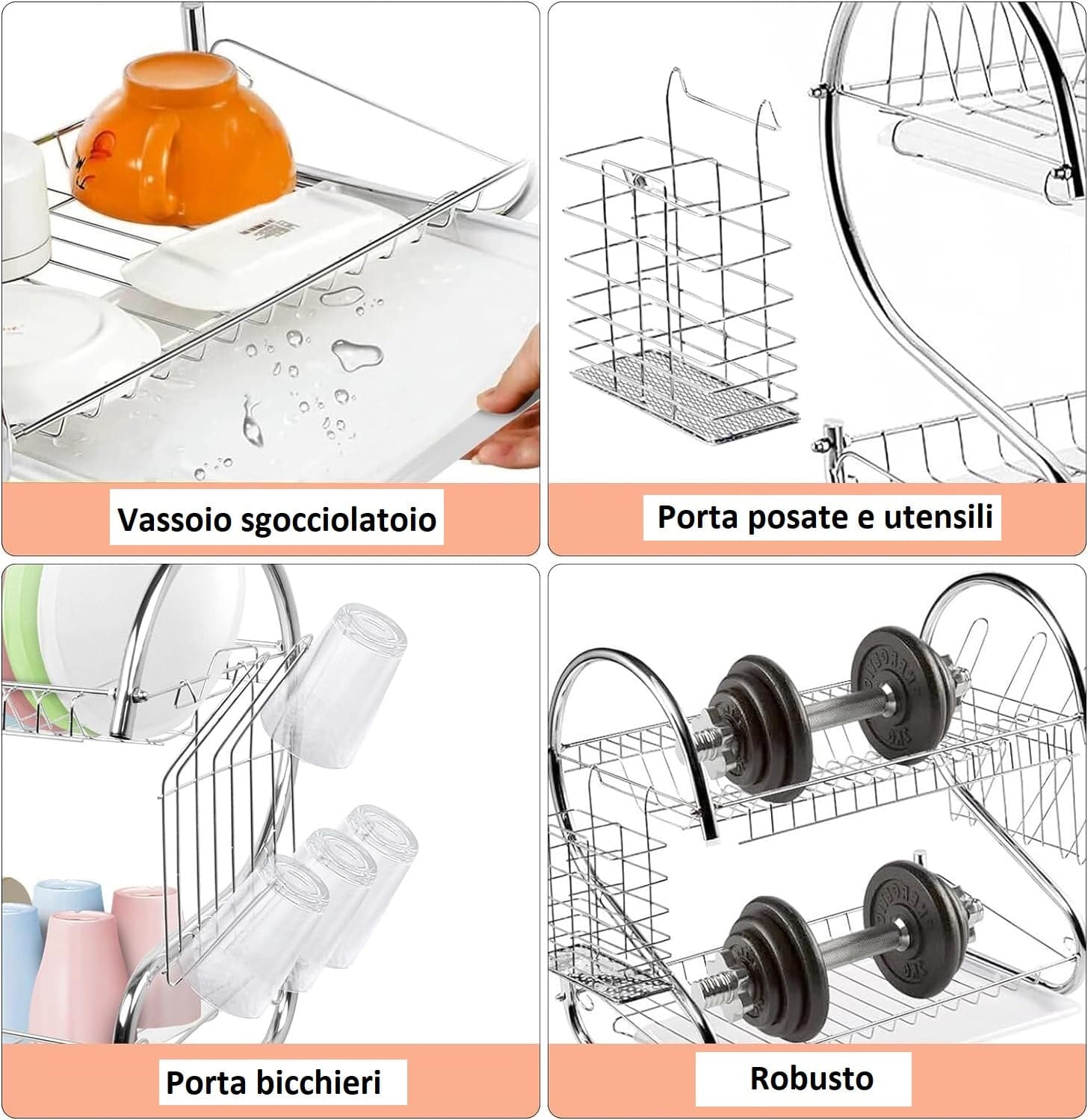 Scolapiatti 2 Livelli Metallo Cromato Vassoio grigio per Piatti Bicchieri Posate in Scolapiatti Danyx - Casoria, commercioVirtuoso.it