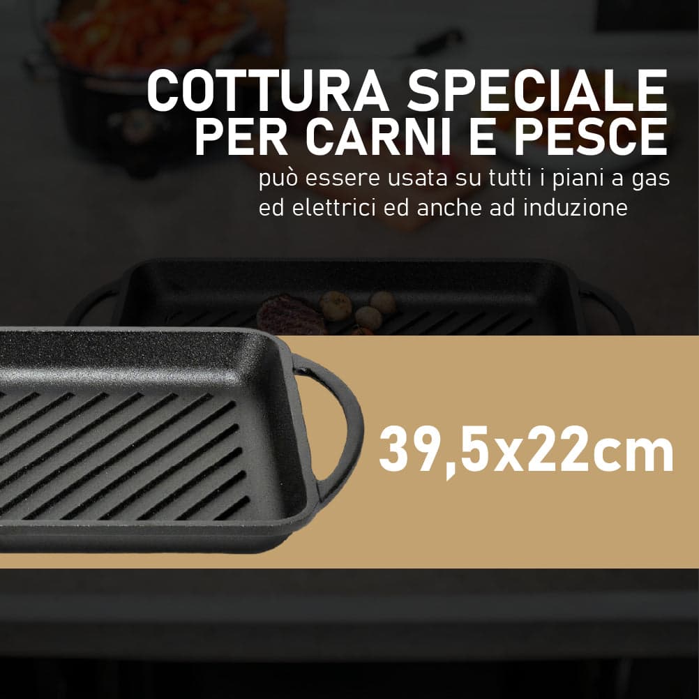 Bistecchiera in Ghisa  2 Manici Antiaderente Tutti i PianiCottura 39.5/33 X 22cm in Padelle grill Danyx - Casoria, commercioVirtuoso.it