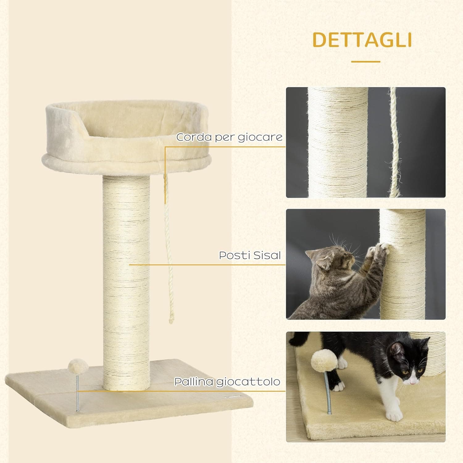 Albero Tira graffi per Gatti, Rivestimento in Peluche 55x55x83cm, (Beige) in Alberi tiragraffi Danyx - Casoria, commercioVirtuoso.it