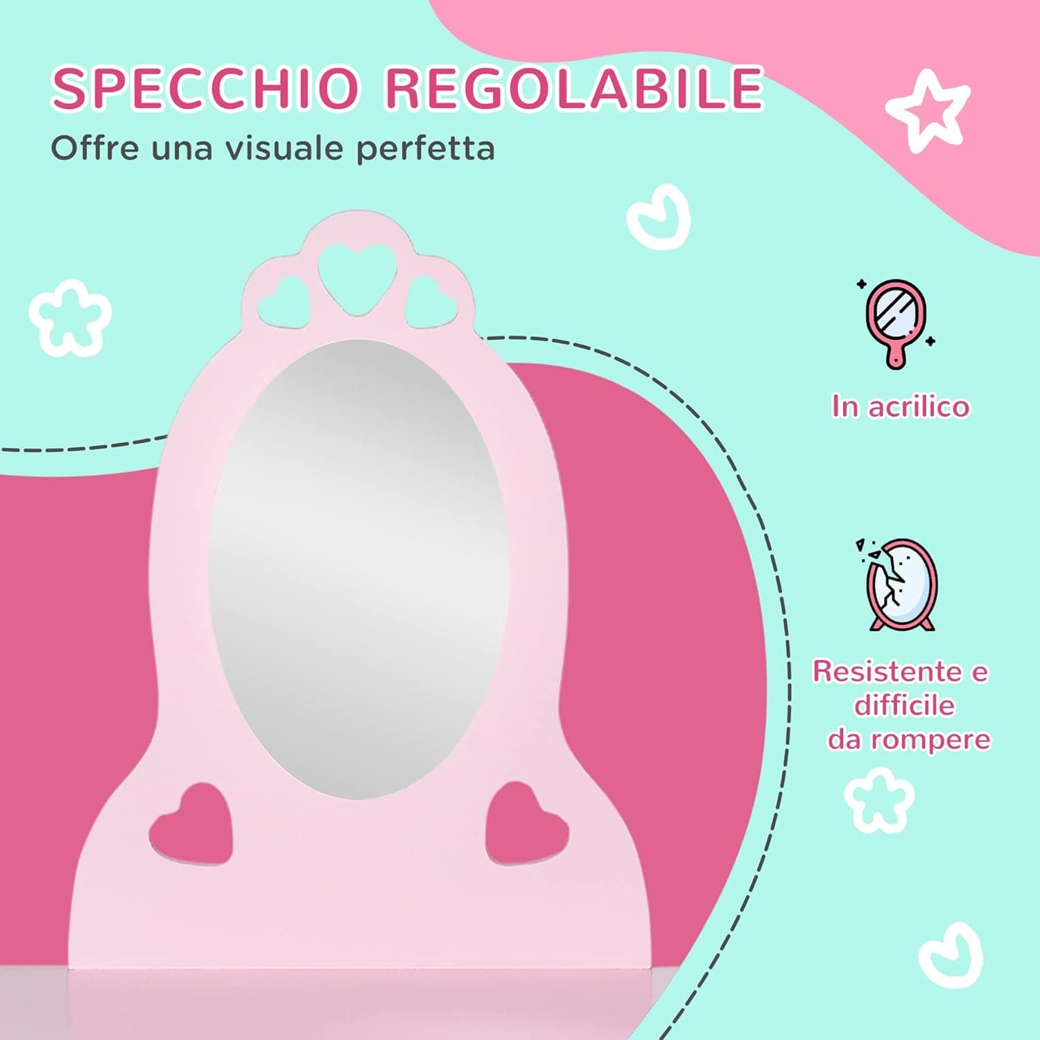 Tavolo Trucco per Bambini, Sgabello in Legno, Toeletta con Specchio 60x36x88cm, (Rosa) in Toeletta Danyx - Casoria, commercioVirtuoso.it