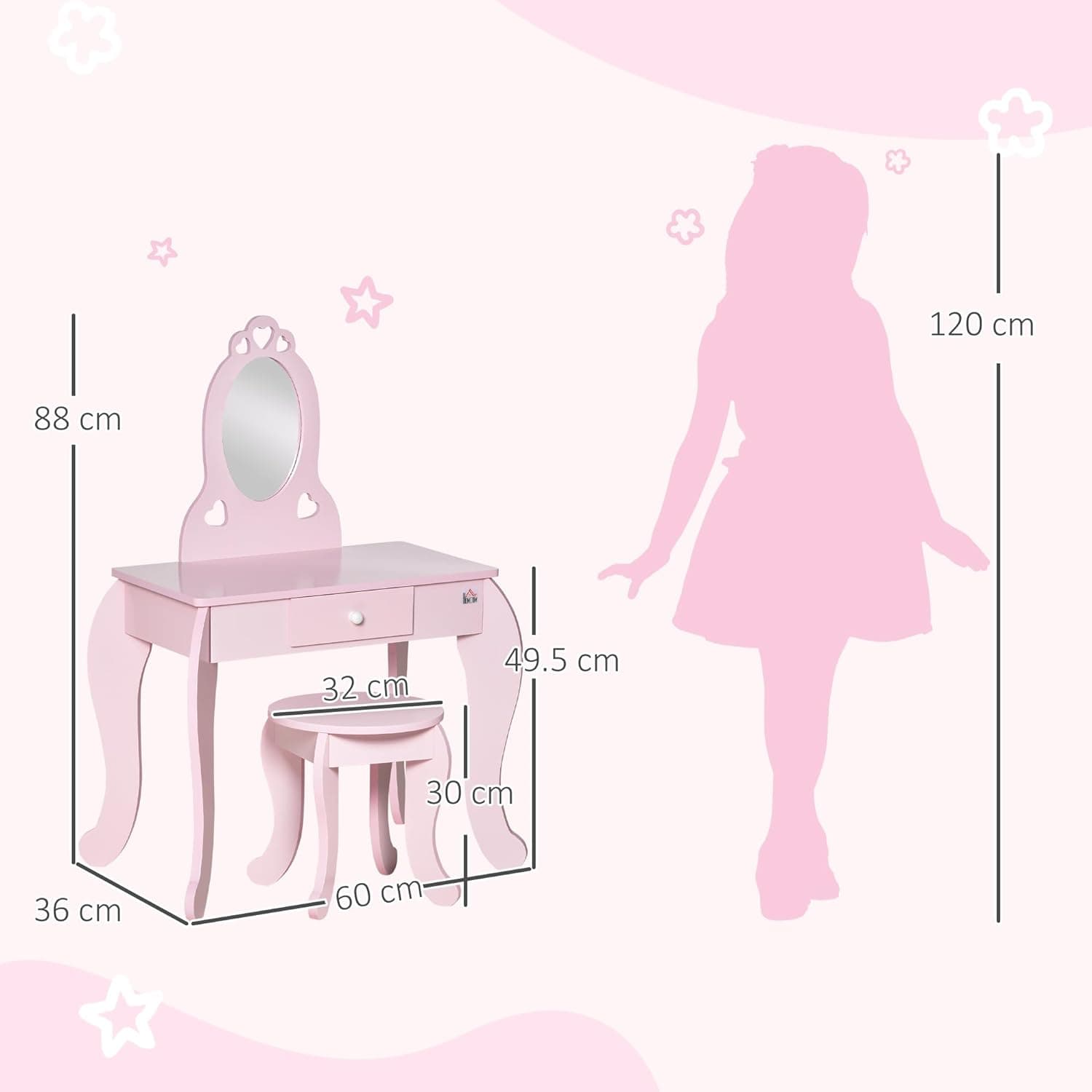 Tavolo Trucco per Bambini, Sgabello in Legno, Toeletta con Specchio 60x36x88cm, (Rosa) in Toeletta Danyx - Casoria, commercioVirtuoso.it