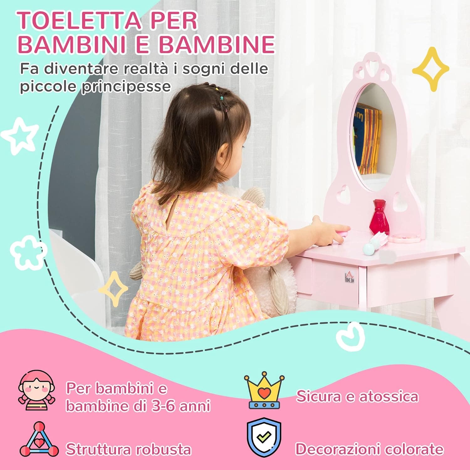 Tavolo Trucco per Bambini, Sgabello in Legno, Toeletta con Specchio 60x36x88cm, (Rosa) in Toeletta Danyx - Casoria, commercioVirtuoso.it