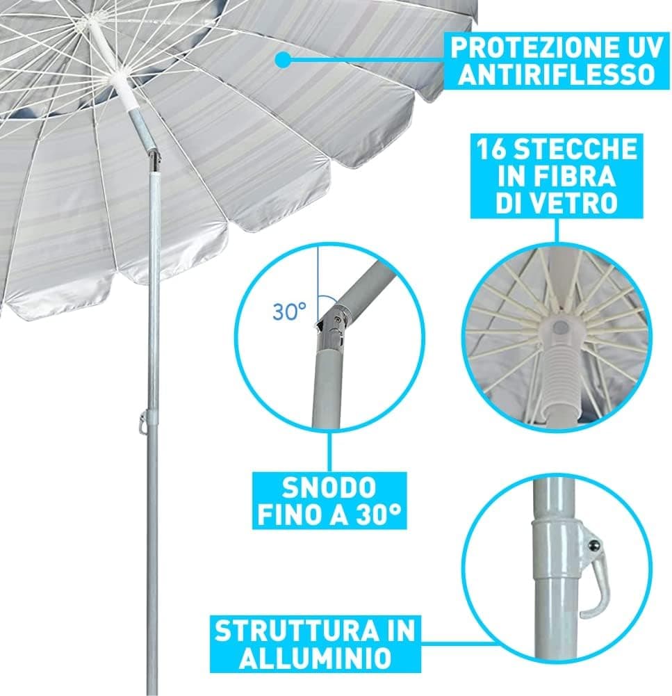 Ombrellone Spiaggia Antivento 16 stecche in fibra di vetro Struttura Alluminio Anti UV 220 Grigio in Ombrelloni Danyx - Casoria, commercioVirtuoso.it