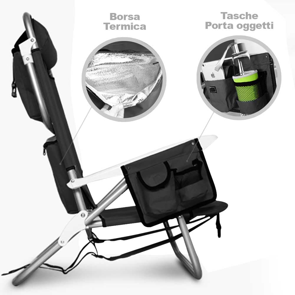 Spiaggina Pieghevole Alluminio con Borsa Termica Reclinabile e Spallacci Nero in Sedie Danyx - Casoria, commercioVirtuoso.it