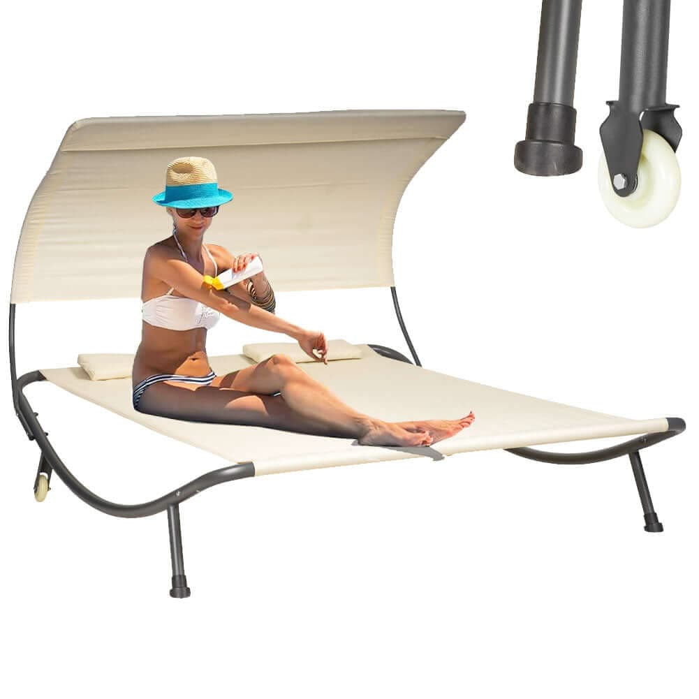 Lettino Prendisole Matrimoniale da Giardino Lounge 200x170x138 cm Beige con ruote