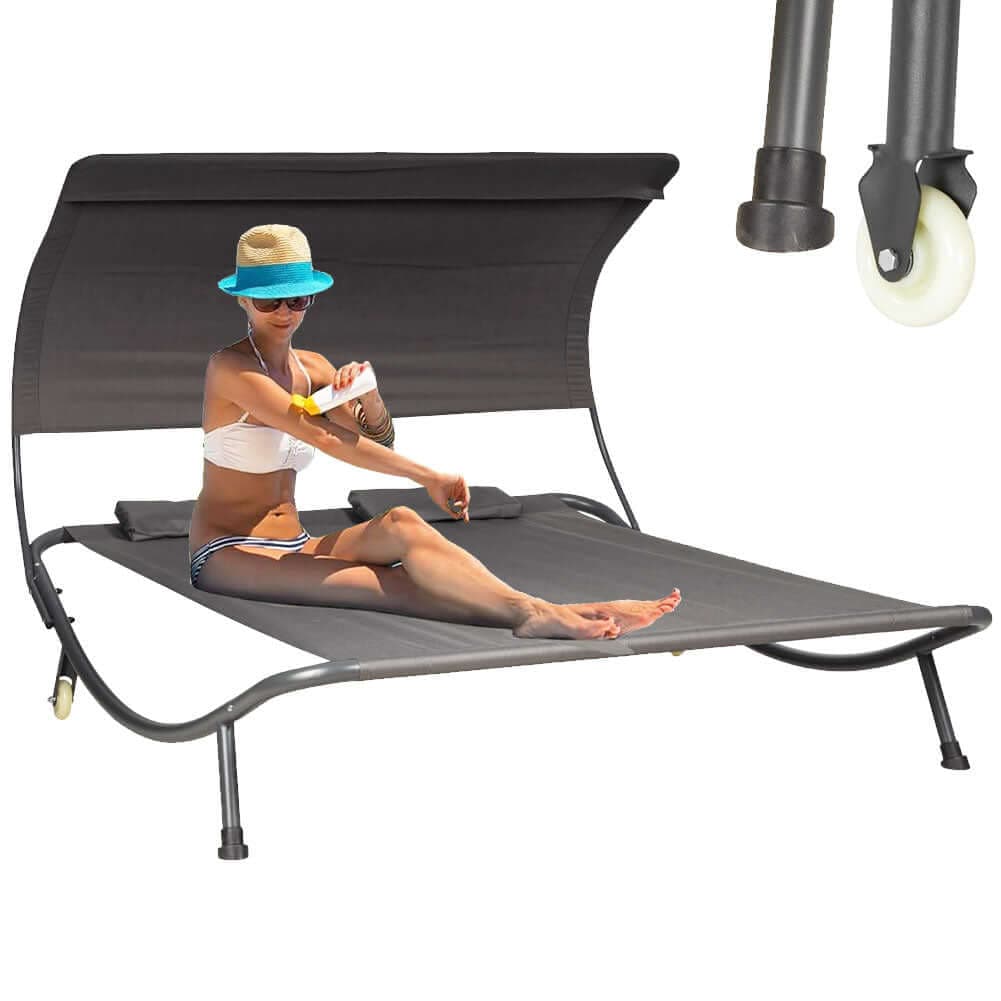 Lettino Prendisole Matrimoniale da Giardino Lounge 200x170x138 cm Grigio e ruote