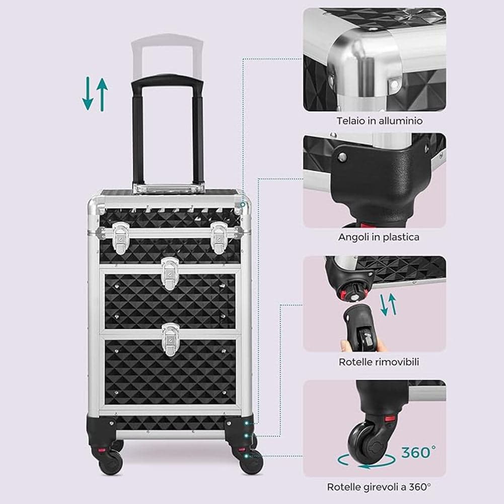 Trolley Lavoro Make up Alluminio Porta Trucco Estetista Beauty 4 Ruote Nero in Beauty Case da viaggio Danyx - Casoria, commercioVirtuoso.it