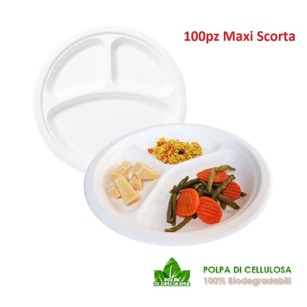 Piatti Monouso 3 scomparti 100pz 26cm 100% Biodegradabili Bianco in Piatti Danyx - Casoria, commercioVirtuoso.it