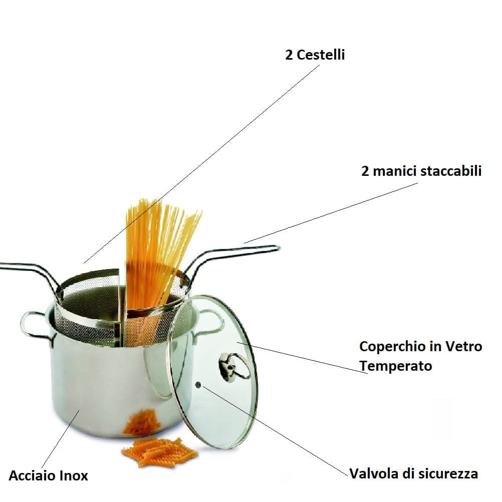 Pentola Doppia Cottura 24cm Acciaio Inox Kit Bipasta 2Cestelli Coperchio Temperato in Pentole per pasta Danyx - Casoria, commercioVirtuoso.it