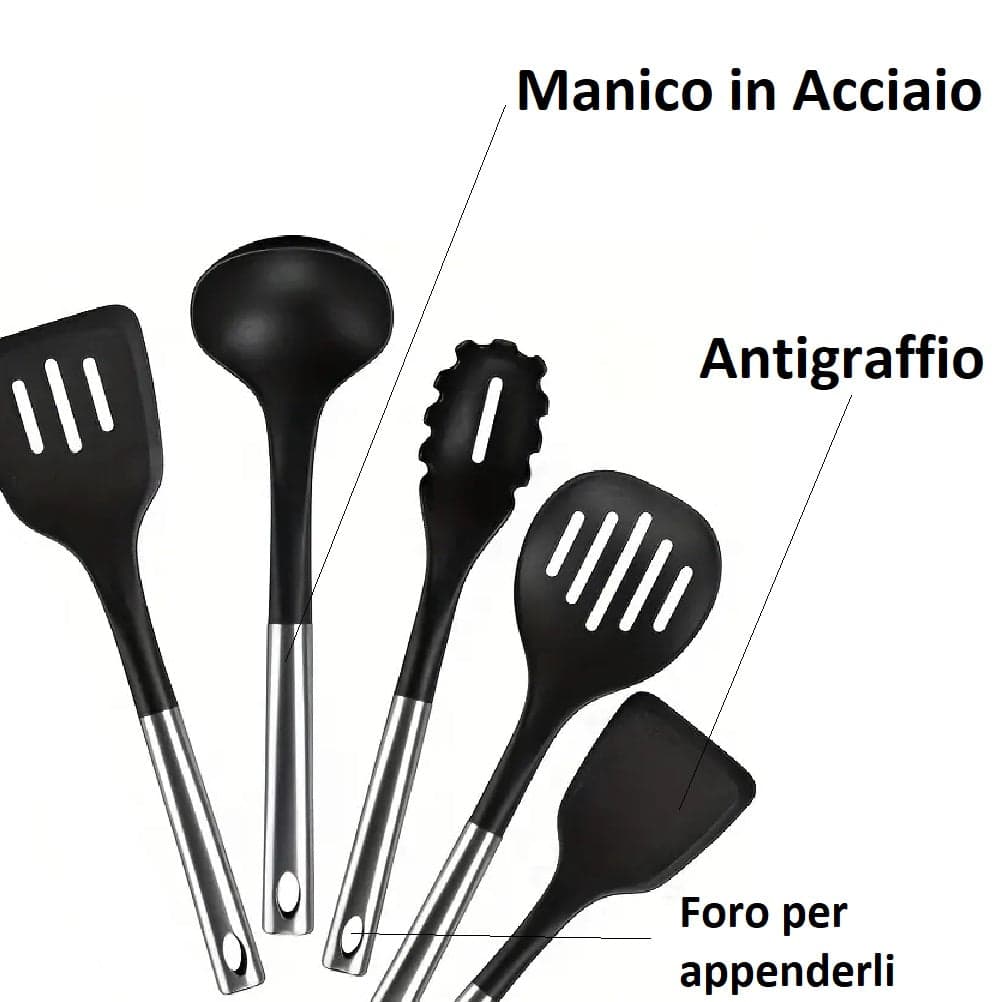 Utensili da Cucina 6pz in Acciaio e Nylon Non Graffiano Antiaderenti Nero Cromo in Cucchiai da cucina Danyx - Casoria, commercioVirtuoso.it