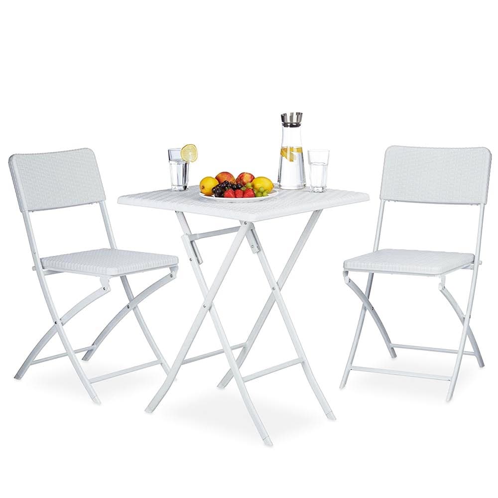 Kit da Giardino Pieghevole in Polyrattan Tavolo e 2 Sedie Interno Esterno Bianco