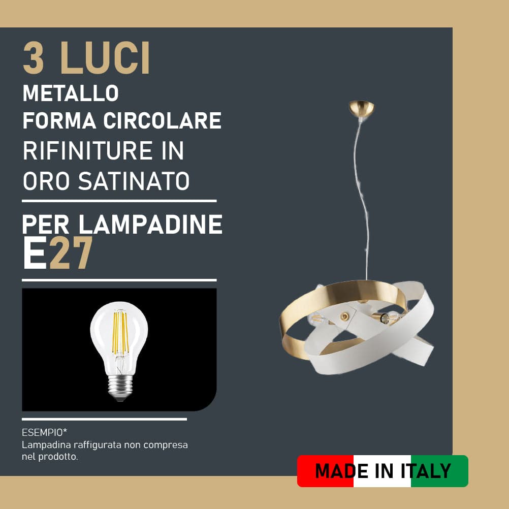 Lampadario Sospensione Metallo Verniciato Elvis 3 Luci E27 Bianco/Oro Moderno in Lampade a sospensione Danyx - Casoria, commercioVirtuoso.it