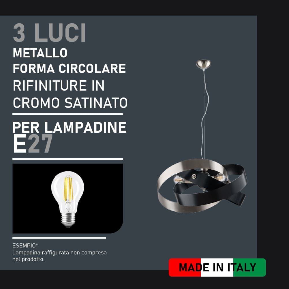 Lampadario Sospensione Metallo Verniciato Elvis 3 Luci E27 Nero/Cromo Moderno in Lampade a sospensione Danyx - Casoria, commercioVirtuoso.it