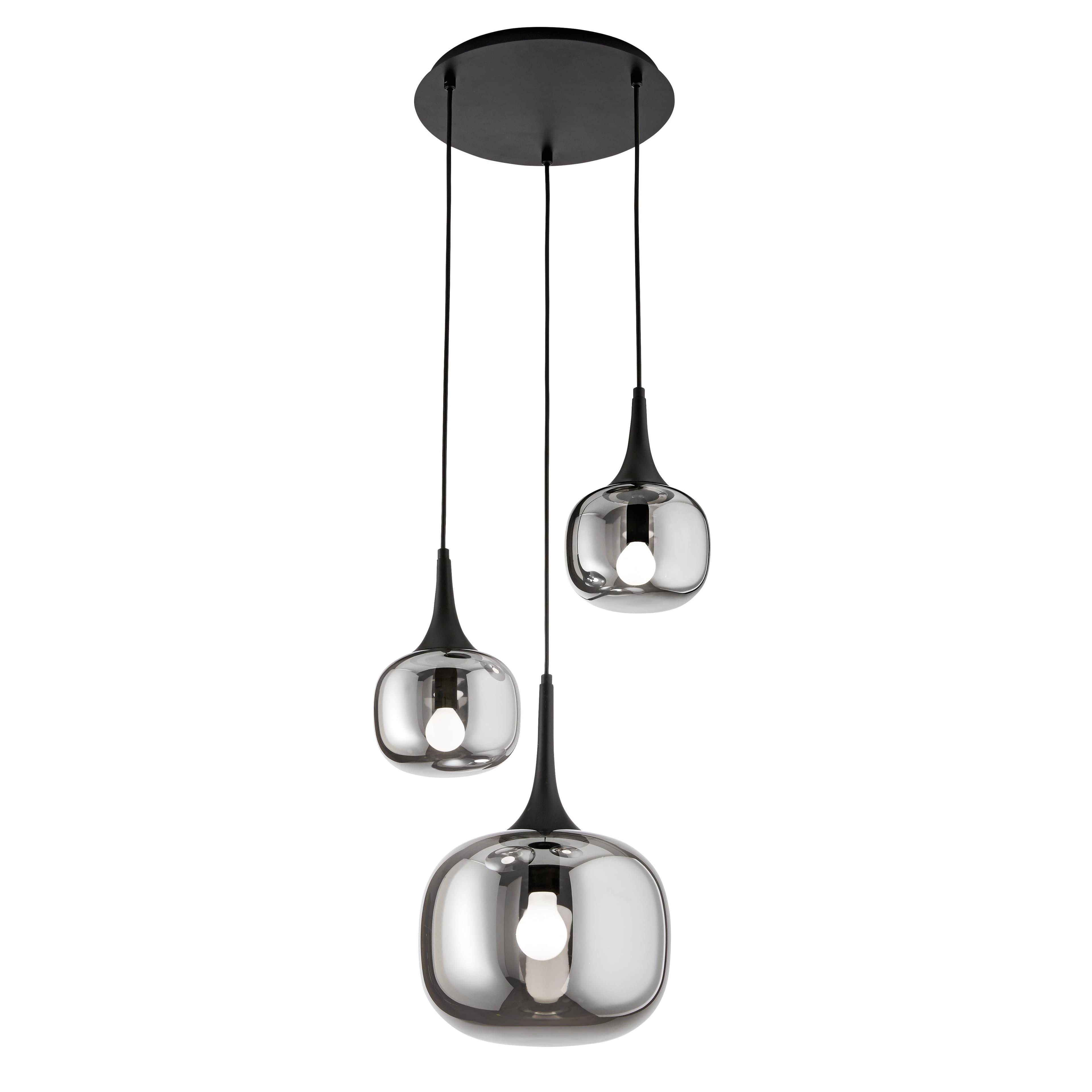Sospensione in metallo con tre diffusori in vetro Nero Fume 1Xe27+2Xe14 29X39X150Cm