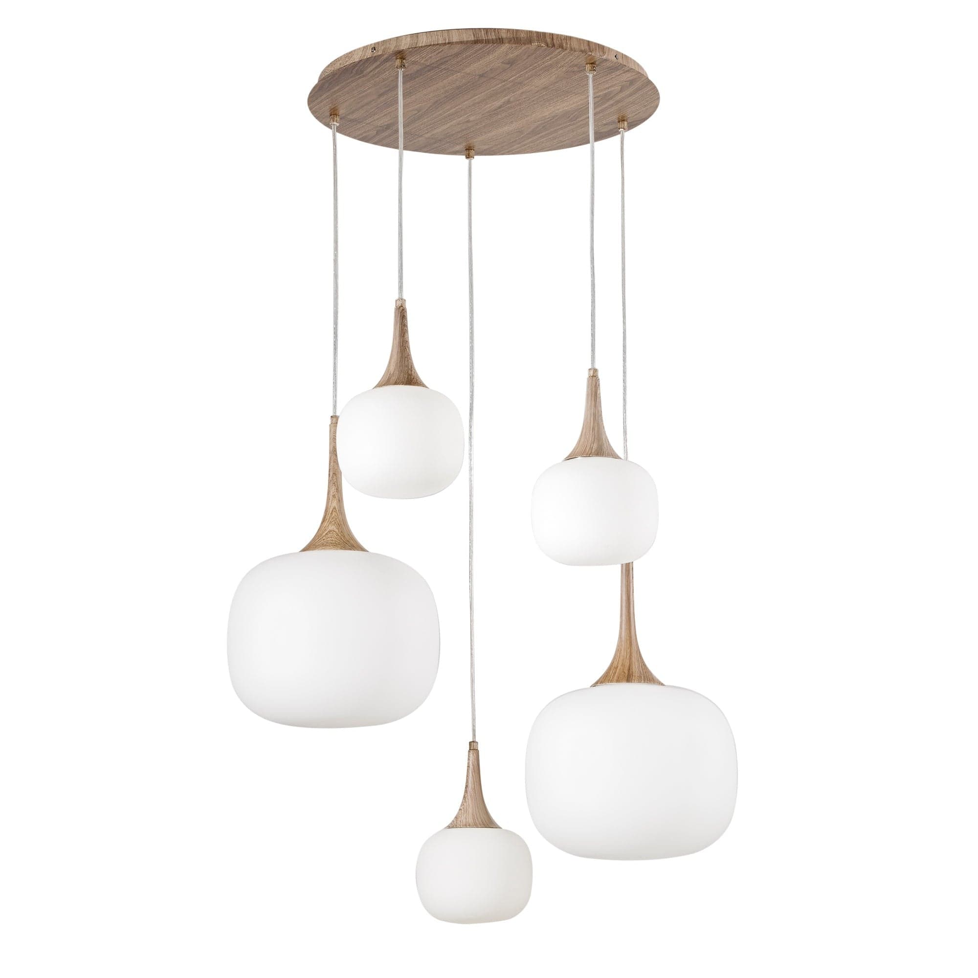 Sospensione in metallo con cinque diffusori in vetro Bianca/Legno 2Xe27+3Xe14 50X70X200Cm