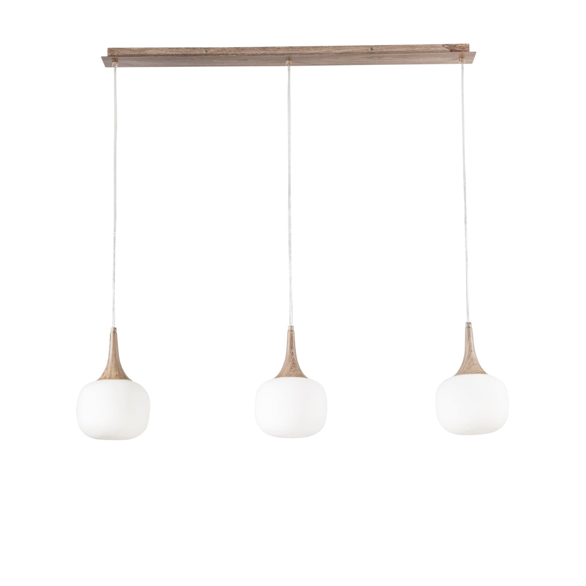 Sospensione lineare in metallo con tre diffusori in vetro Bianca/Legno 3Xe14 97X150X87Cm