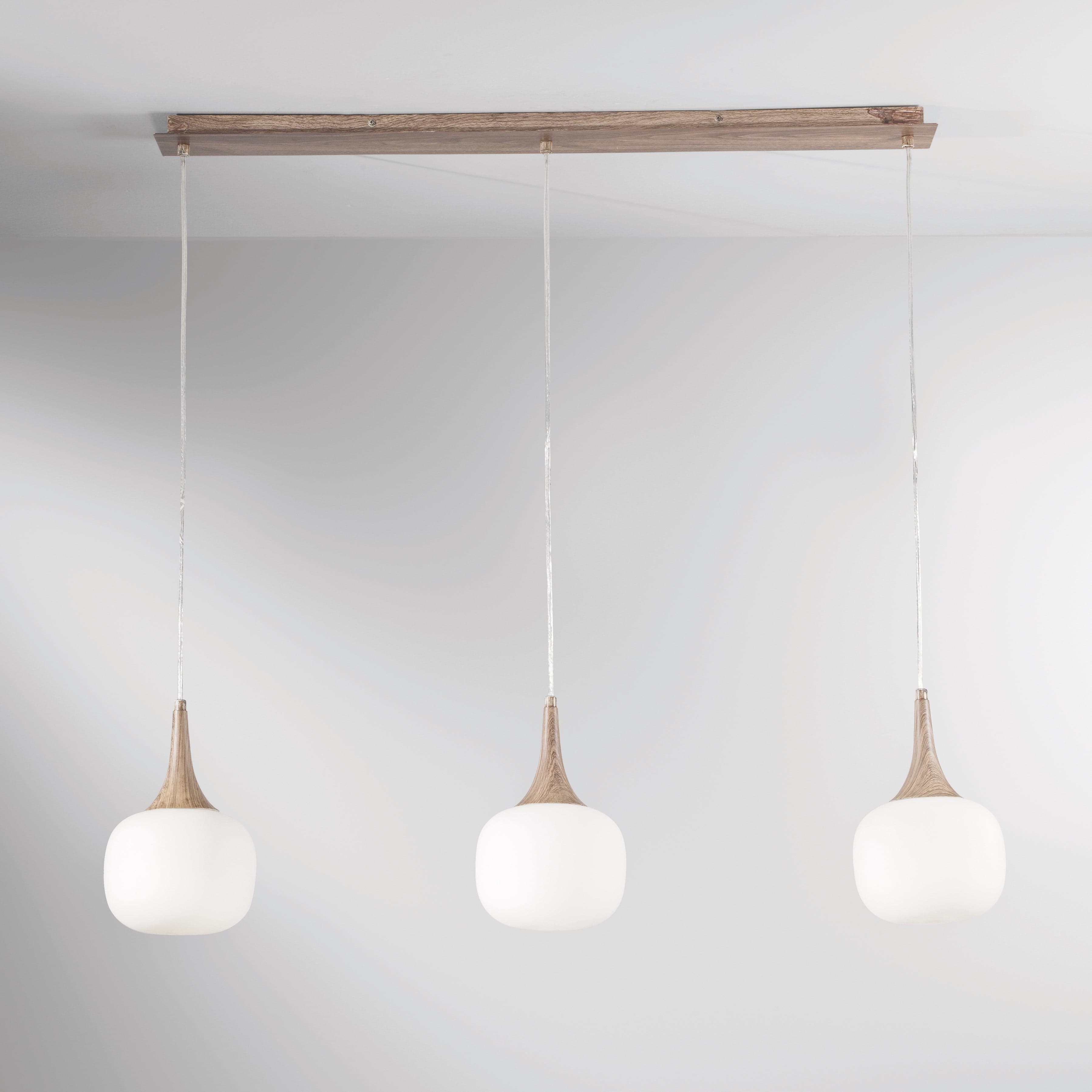 Sospensione lineare in metallo con tre diffusori in vetro Bianca/Legno 3Xe14 97X150X87Cm in Lampade a sospensione Led Mall Home - Napoli, commercioVirtuoso.it