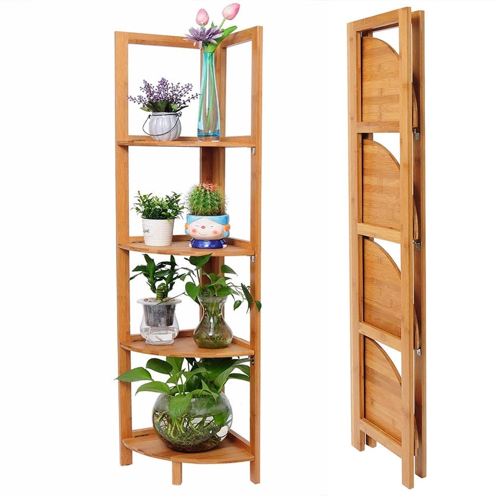 Scaffale Angolare Legno di Bambù Pieghevole 4 Ripiani 27x27 H 120 cm Legno Naturale
