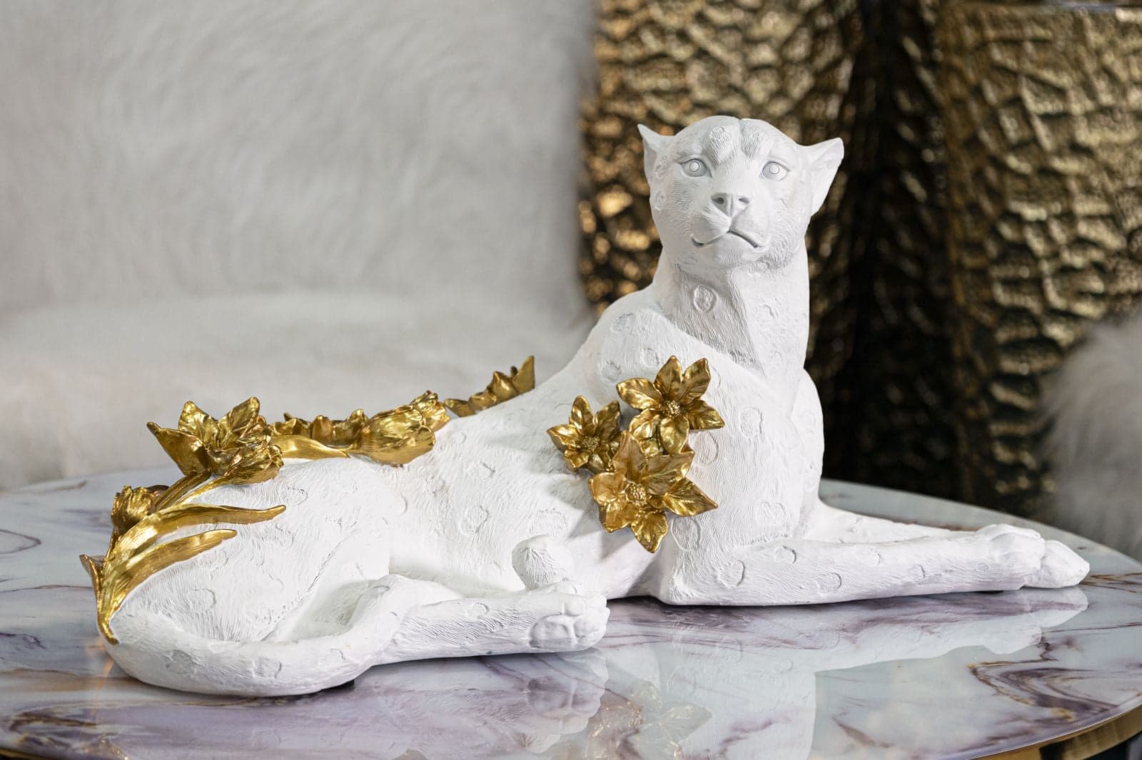 Leopardo White/Gold Cm 53X21,5X24 in Statue Led Mall Home - Napoli, commercioVirtuoso.it
