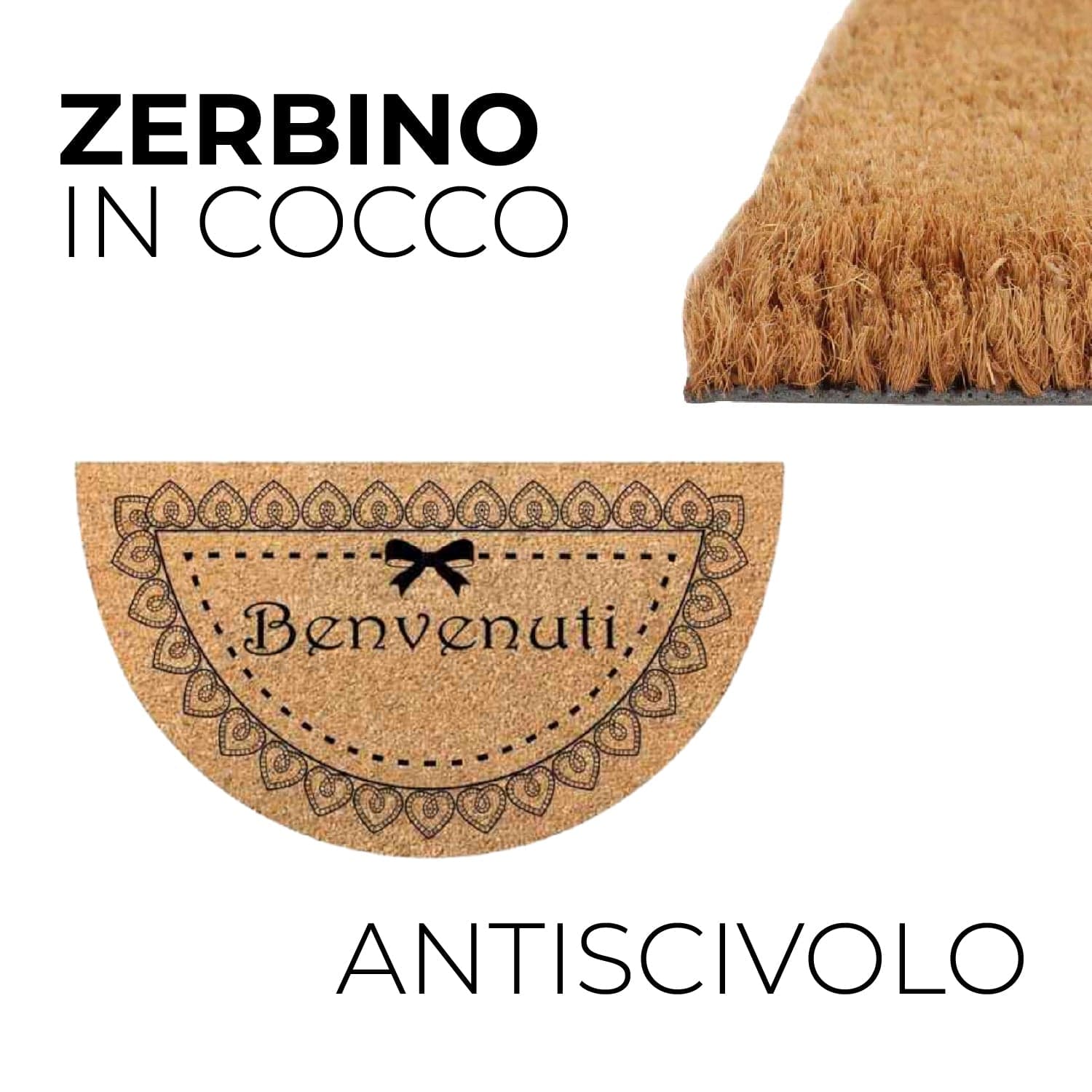 Zerbino in Cocco 36x68cm Fondo in Gomma 1.6cm Decoro Benvenuti Antiscivolo in Zerbini Danyx - Casoria, commercioVirtuoso.it