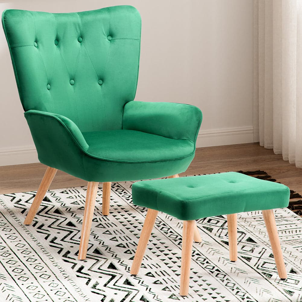 Poltrona con Sgabello da Salotto in Velluto Verde Sedia con Poggiapiedi Moderno