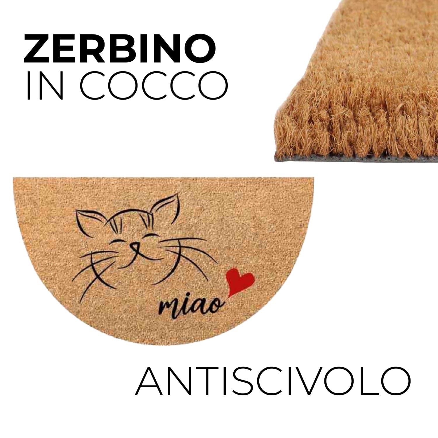 Zerbino in Cocco 38x68cm Fondo in Gomma 1.6cm Decoro Gatto Antiscivolo in Zerbini Danyx - Casoria, commercioVirtuoso.it